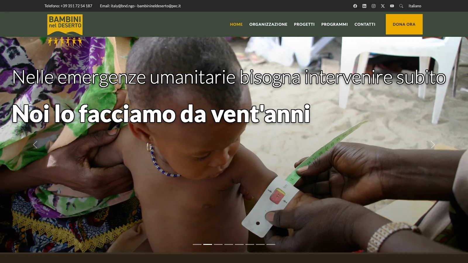 The Bambini nel Deserto home page with a project from the field