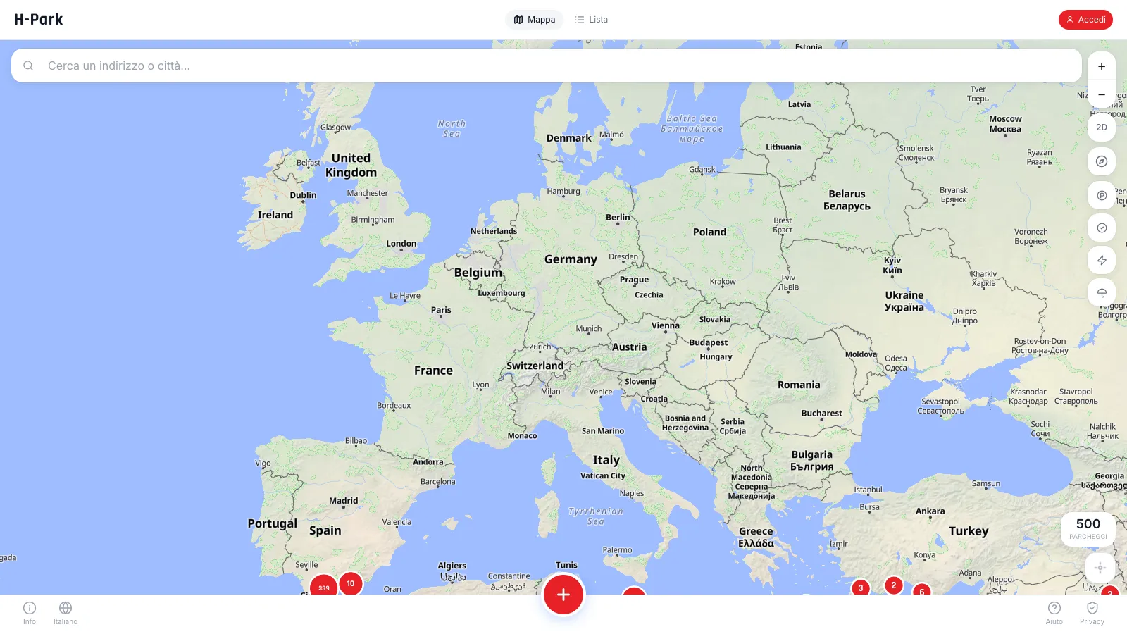 The H-Park map of Europe with clusters of accessible parking spaces